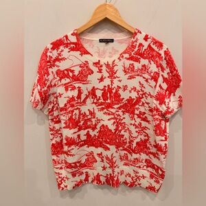 Brooks Brothers Toile Print Knit Top Red White Short Sleeve Sweater XL